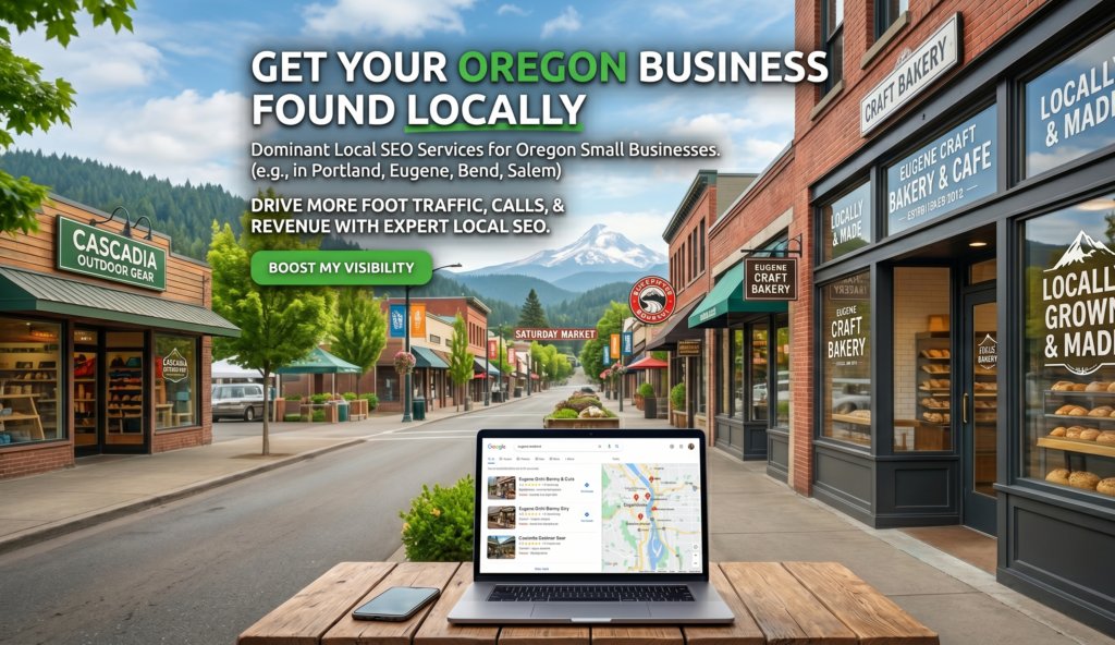 A photograph of a charming, main street in an Oregon town with storefronts and distant mountain views. A laptop is in the foreground, displaying a Google Maps local search page with small business markers. Text overlays detail local SEO services to help businesses "GET YOUR OREGON BUSINESS FOUND LOCALLY," mentioning specific cities like Portland, Eugene, Bend, and Salem. The image includes a green "BOOST MY VISIBILITY" call-to-action button.